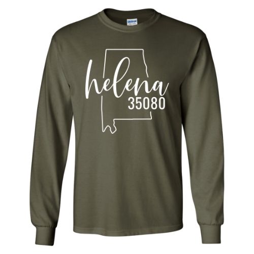 Gildan Helena Zip Code 35080 With Big State Outline Long Sleeve Shir