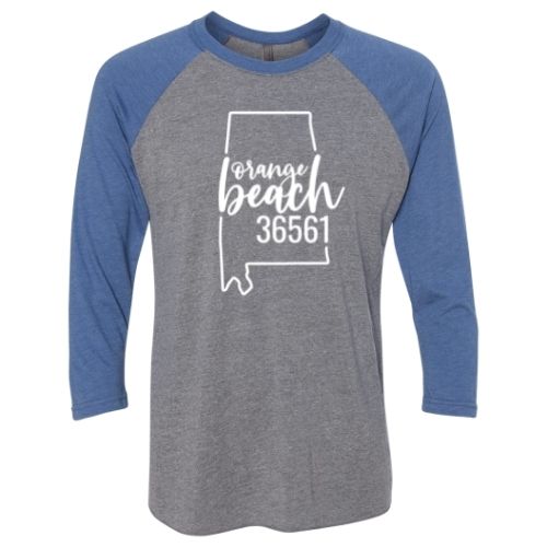 Orange Beach Zip Code 36561 With Big State Outline Raglan Shirts By